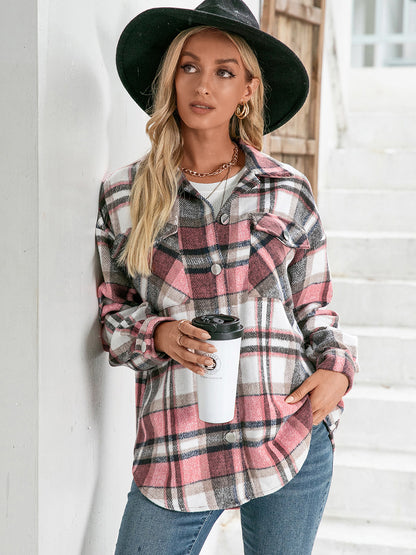 Meet You Outside Plaid Button Down Curved Hem Shacket