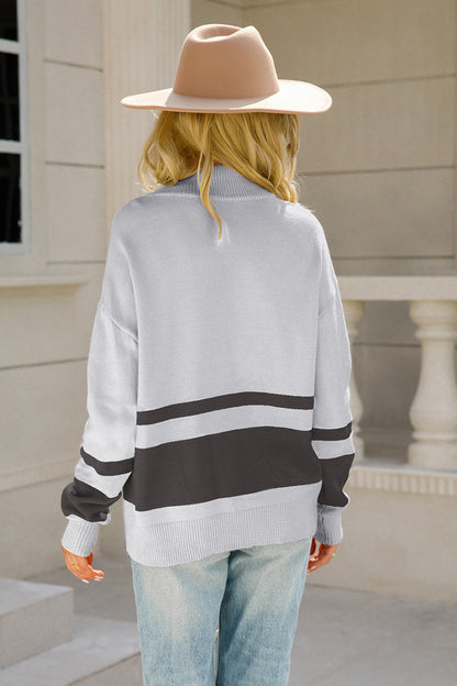 Two-Tone Long Sleeve Zip-Up Knit Top