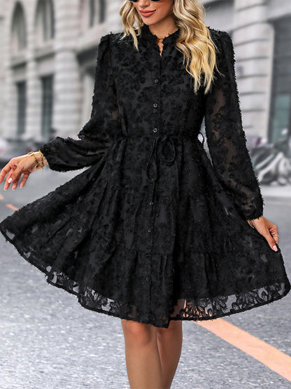 V-Neck Long Sleeve Buttoned Dress