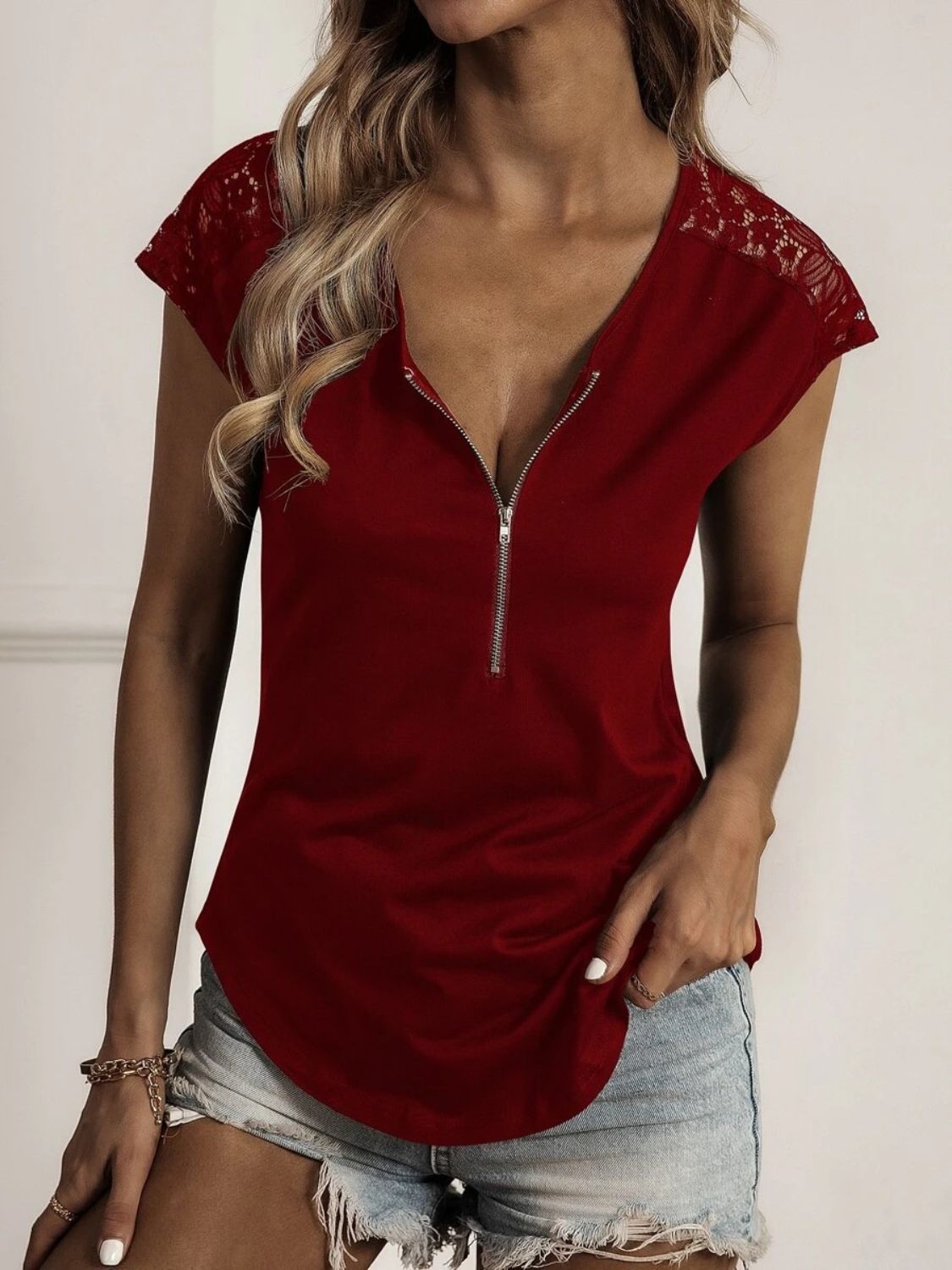 Lace Detail Half Zip Cap Sleeve T-Shirt