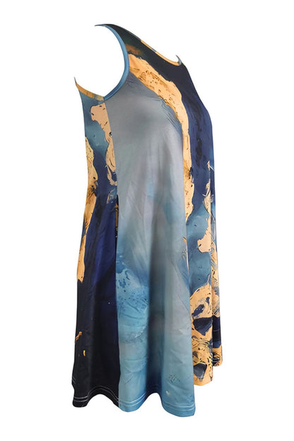 Abstract Print Round Neck Sleeveless Dress with Pockets