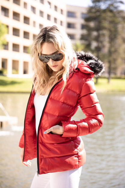 Women's Striking Puffer Arctic Red Down Leather Jacket with Fur