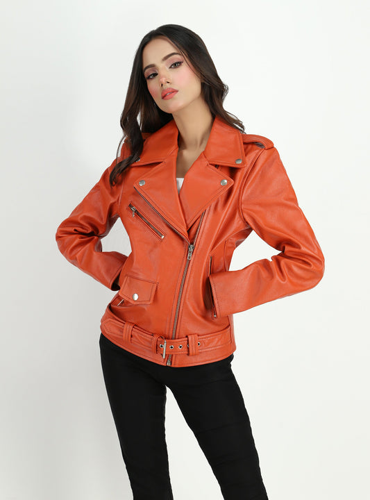 Women's  Moto Style Cowhide Orange Leather Jacket