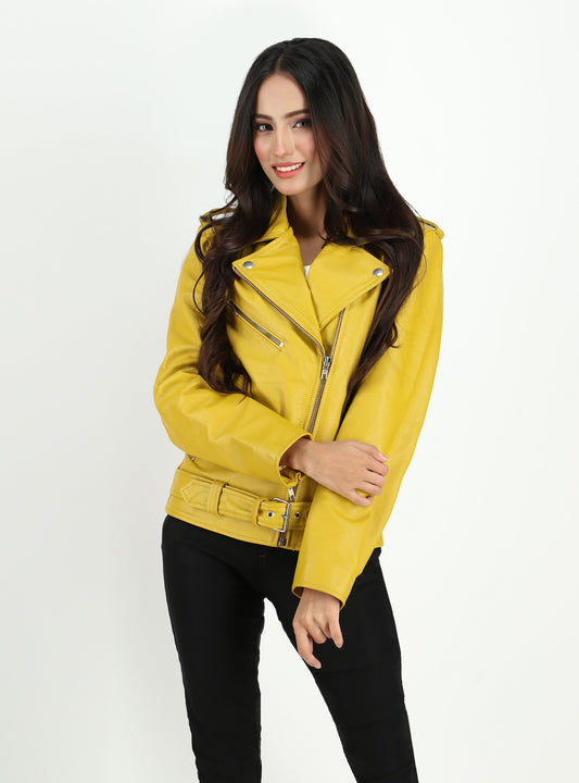 Women's  Moto Style Cowhide Yellow Leather Jacket