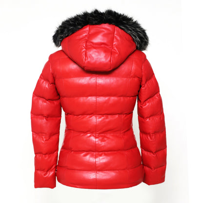 Women's Striking Puffer Arctic Red Down Leather Jacket with Fur