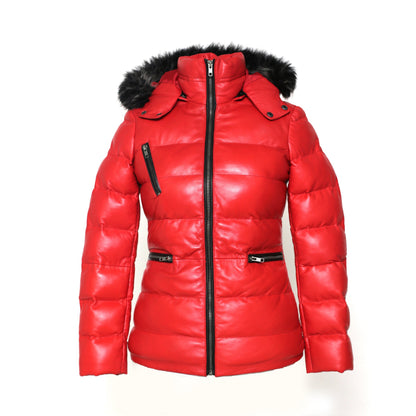 Women's Striking Puffer Arctic Red Down Leather Jacket with Fur