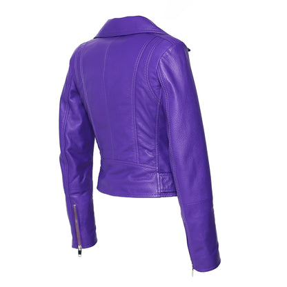 Womens Moto Nappa in Deerskin Emboss Print Purple Leather Jacket