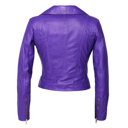 Womens Moto Nappa in Deerskin Emboss Print Purple Leather Jacket