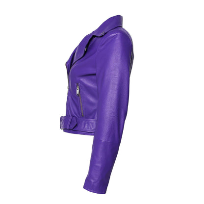 Womens Moto Nappa in Deerskin Emboss Print Purple Leather Jacket