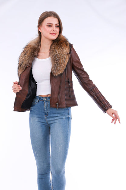 Ravenna Leather Biker Jacket - Brown