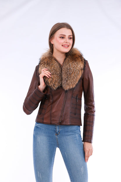 Ravenna Leather Biker Jacket - Brown