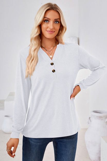 V-Neck Buttoned Long Sleeve Blouse