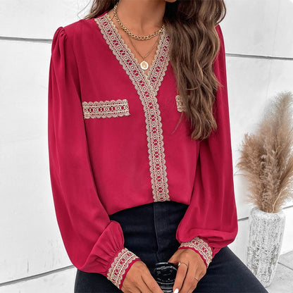 Contrast V-Neck Puff Sleeve Blouse