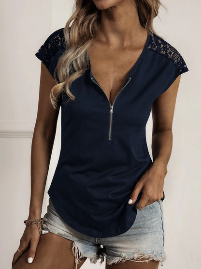 Lace Detail Half Zip Cap Sleeve T-Shirt