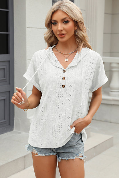 Eyelet Drawstring Hooded Short Sleeve Blouse