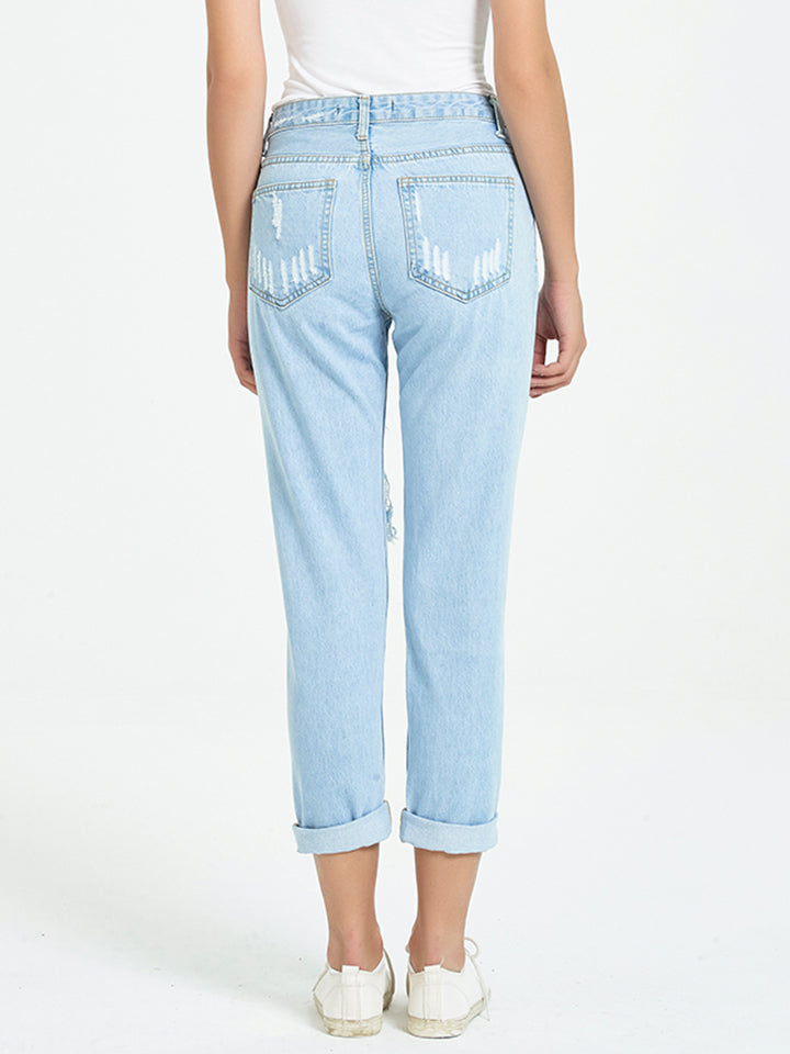 Buttoned Distressed Cropped Jeans