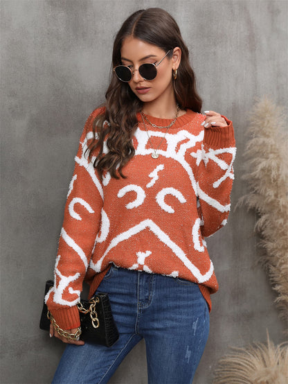 Printed Round Neck Dropped Shoulder Sweater