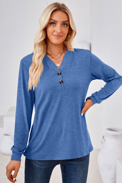 V-Neck Buttoned Long Sleeve Blouse