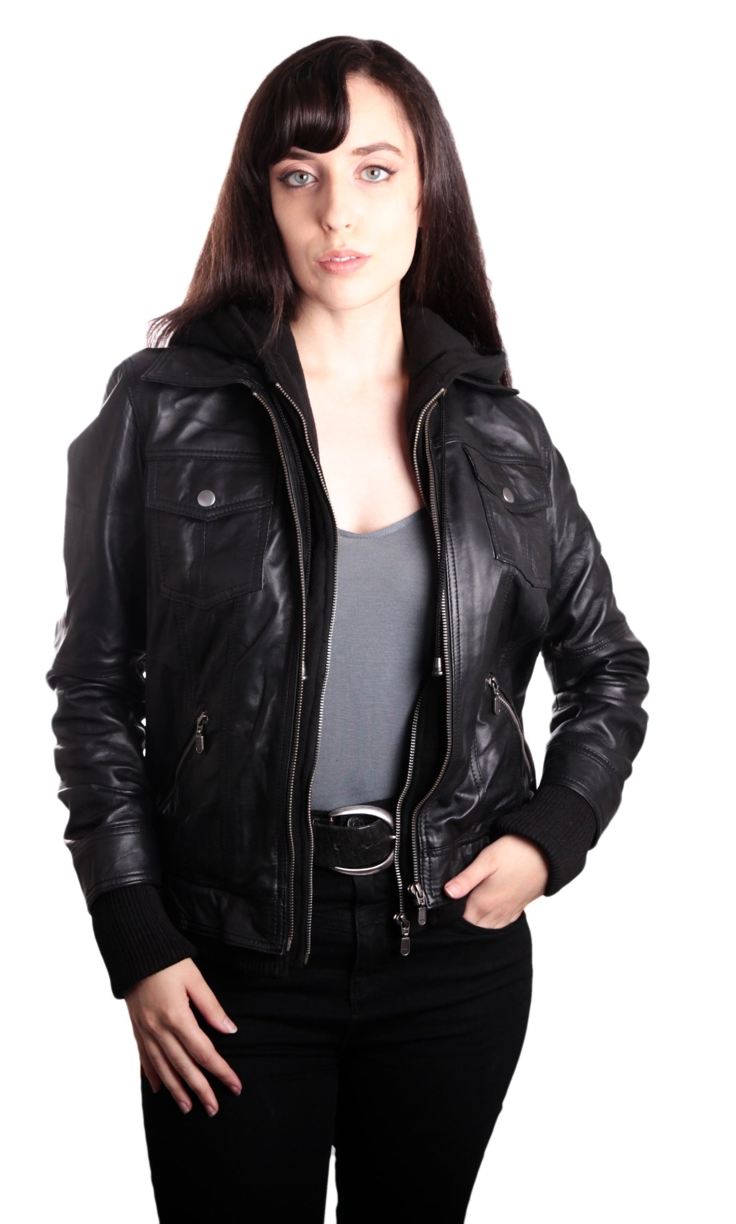 Hooded Bomber Womens Leather Jacket