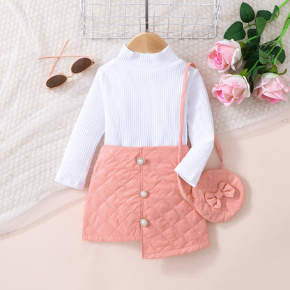 Girls Knit Top and Decorative Button Skirt Set with Bag