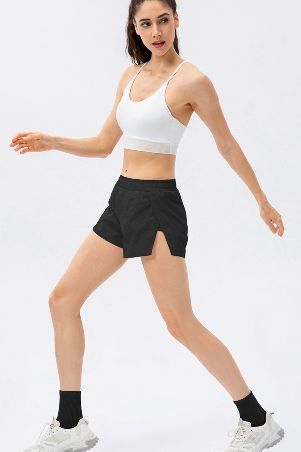 Elastic Waist Slit Faux Layered Sports Shorts