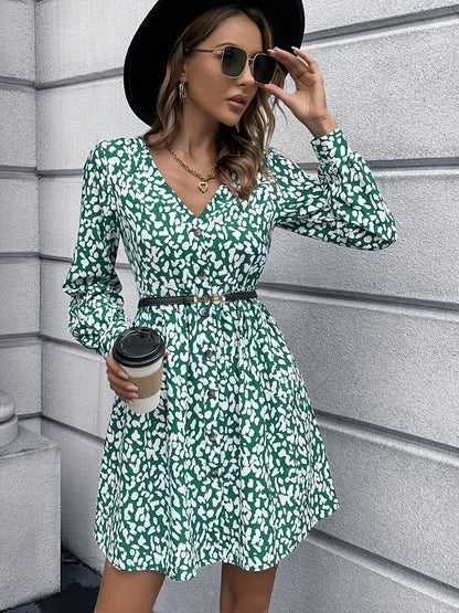 Animal Print Buttoned V-Neck Long Sleeve Dress