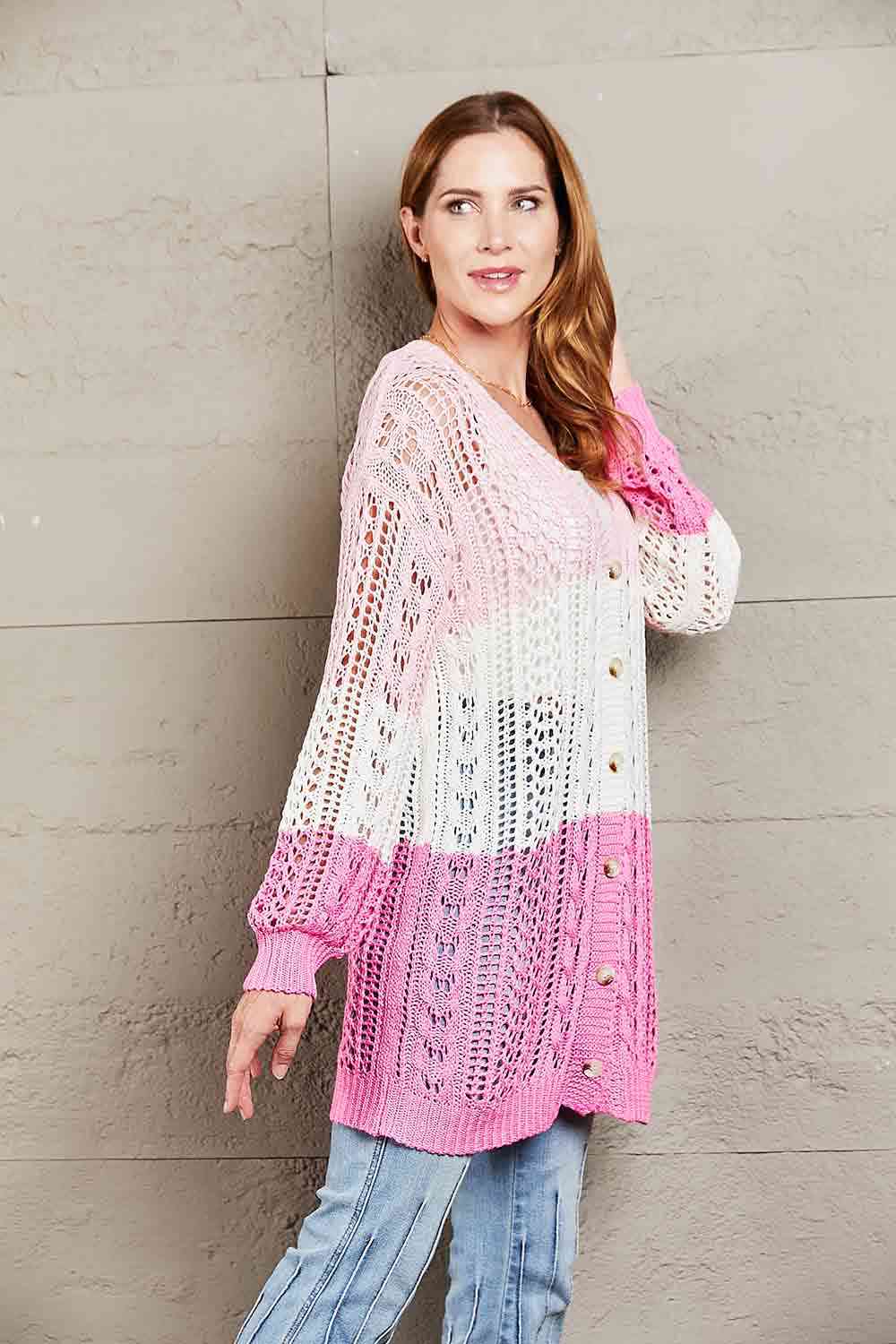 Double Take Openwork Ribbed Cuff Longline Cardigan