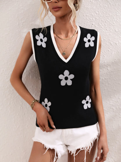 Floral Contrast Ribbed Trim Sweater Vest