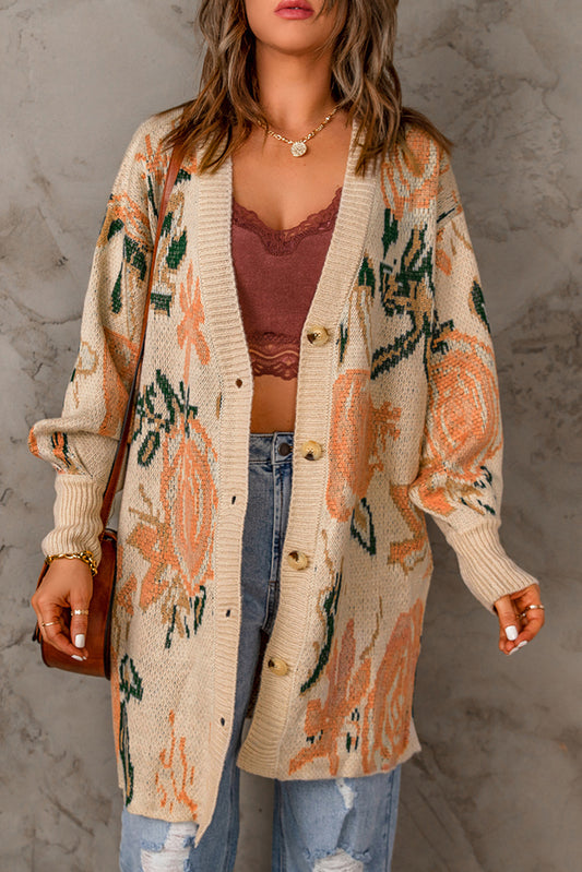 Floral Pattern Ribbed Trim Cardigan