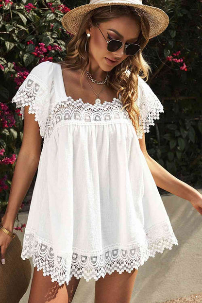 Lace Detail Square Neck Short Sleeve Blouse