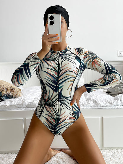 Botanical Print Long Sleeve Three-Piece Swim Set