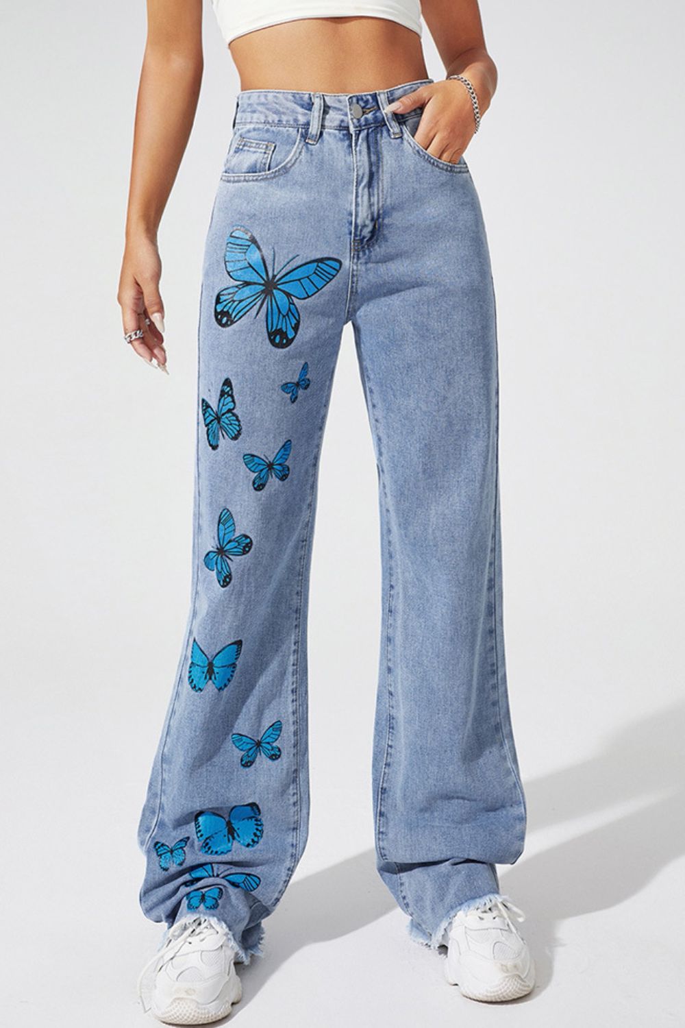 Butterfly Print Raw Hem Straight Leg Jeans