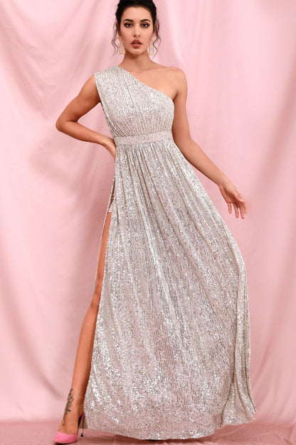 Sequin One-Shoulder Split Dress