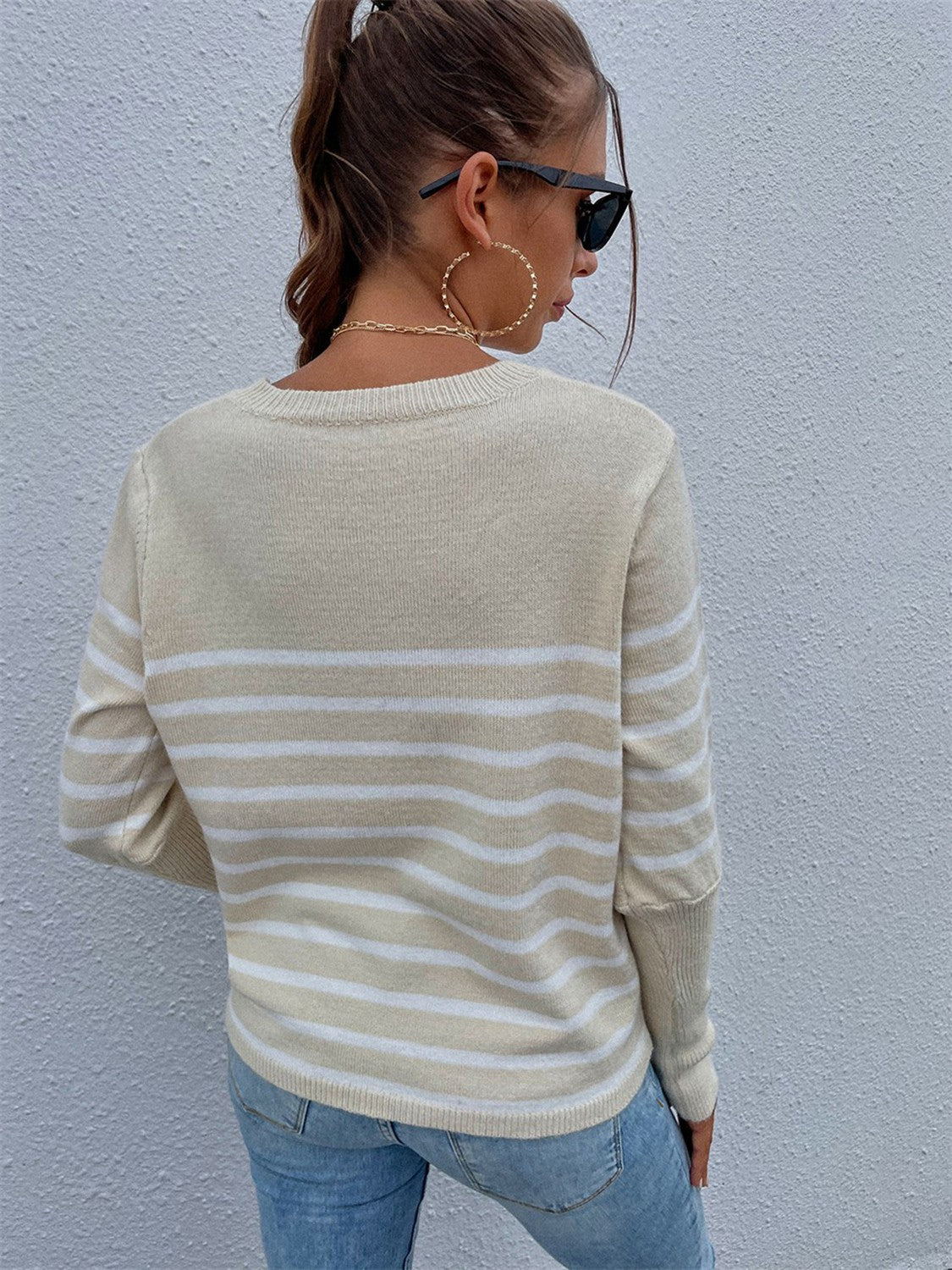 Striped Decorative Button Knit Top