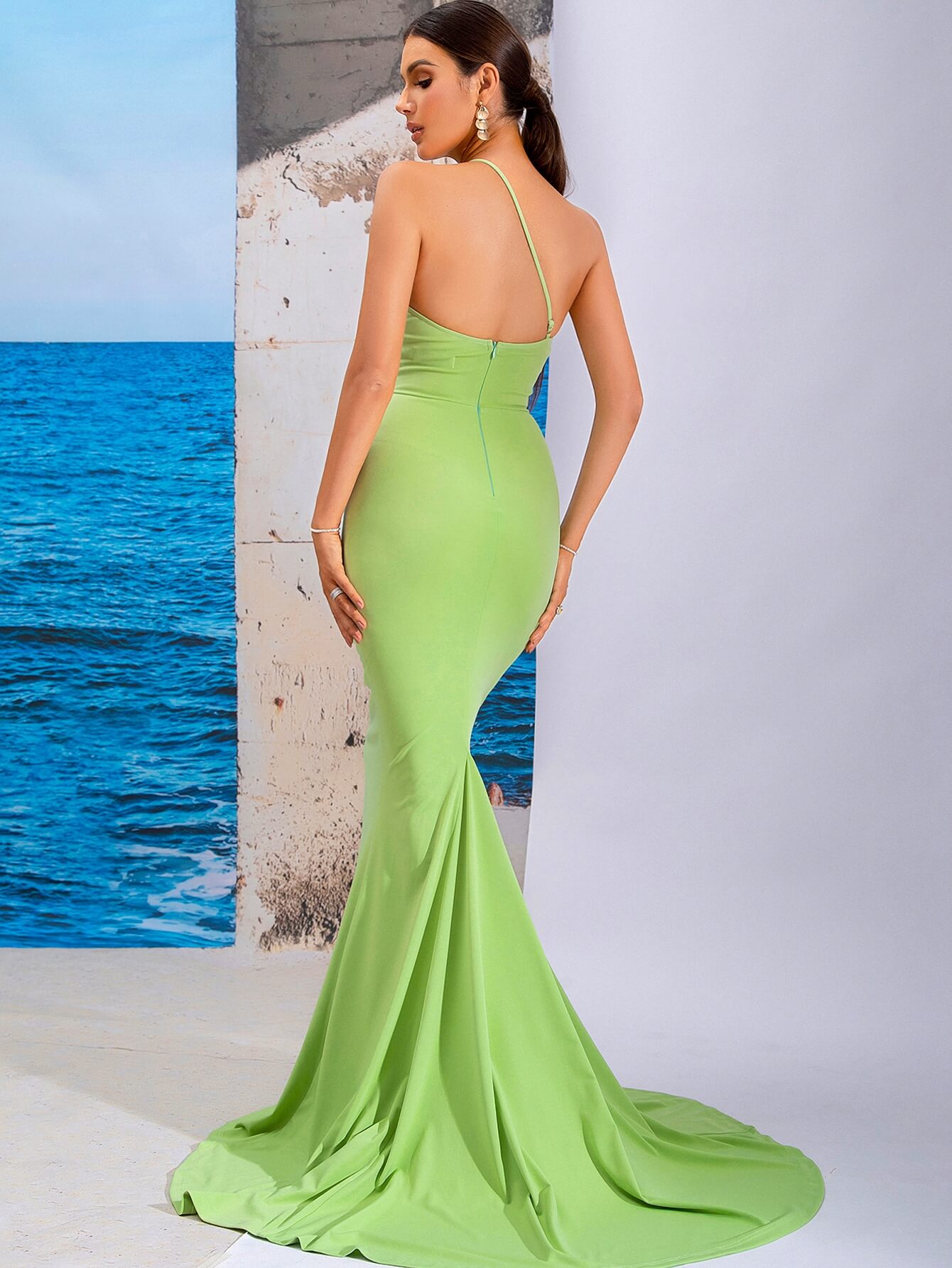 One-Shoulder Cutout Zip-Back Backless Dress