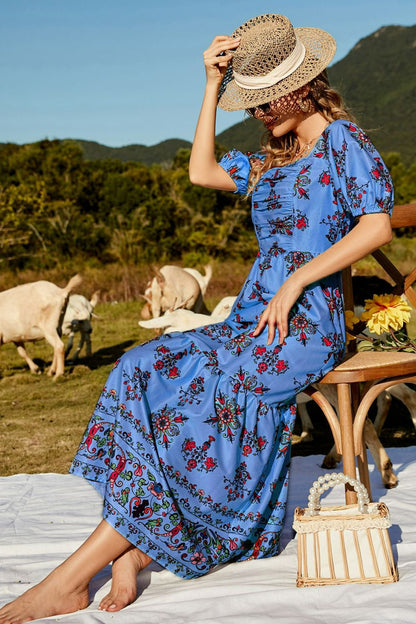 Floral Ruched Puff Sleeve Tiered Maxi Dress