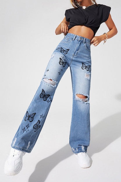 Butterfly Distressed Straight Leg Jeans