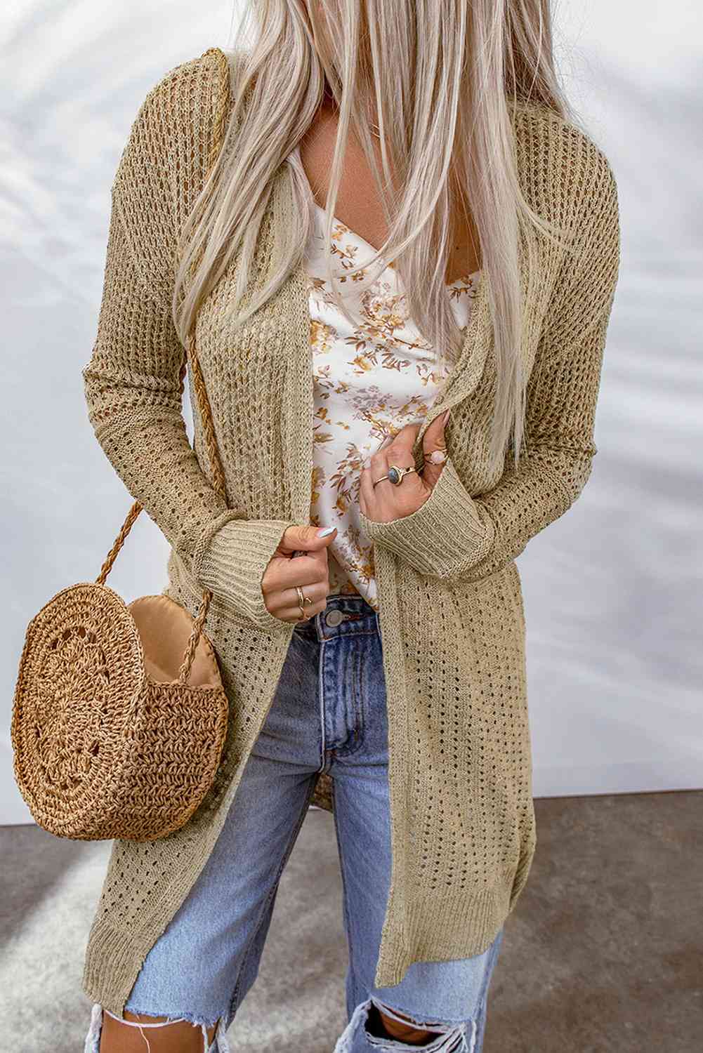 Double Take Openwork Dropped Shoulder Open Front Cardigan