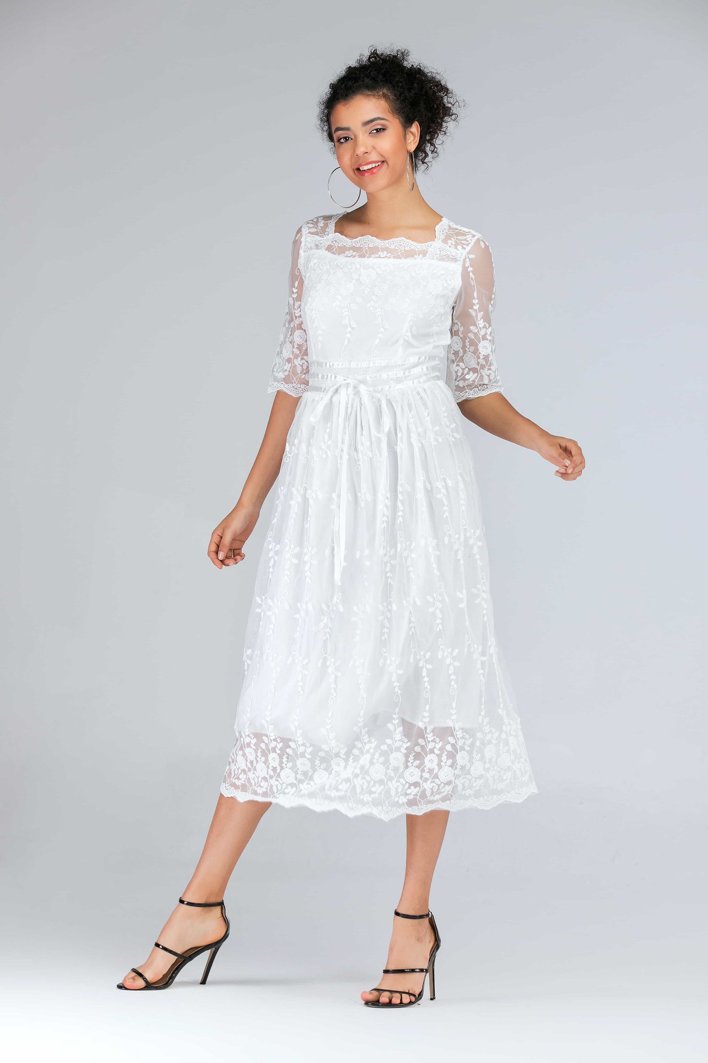 Scalloped Lace Half Sleeve Midi Dress