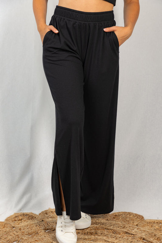 White Birch Full Size Side Slit Wide Leg Pants with Pockets