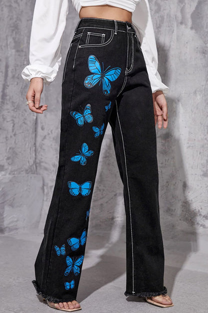 Butterfly Print Raw Hem Straight Leg Jeans