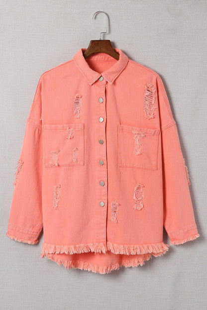 Distressed Fringe Trim Button Up Jacket