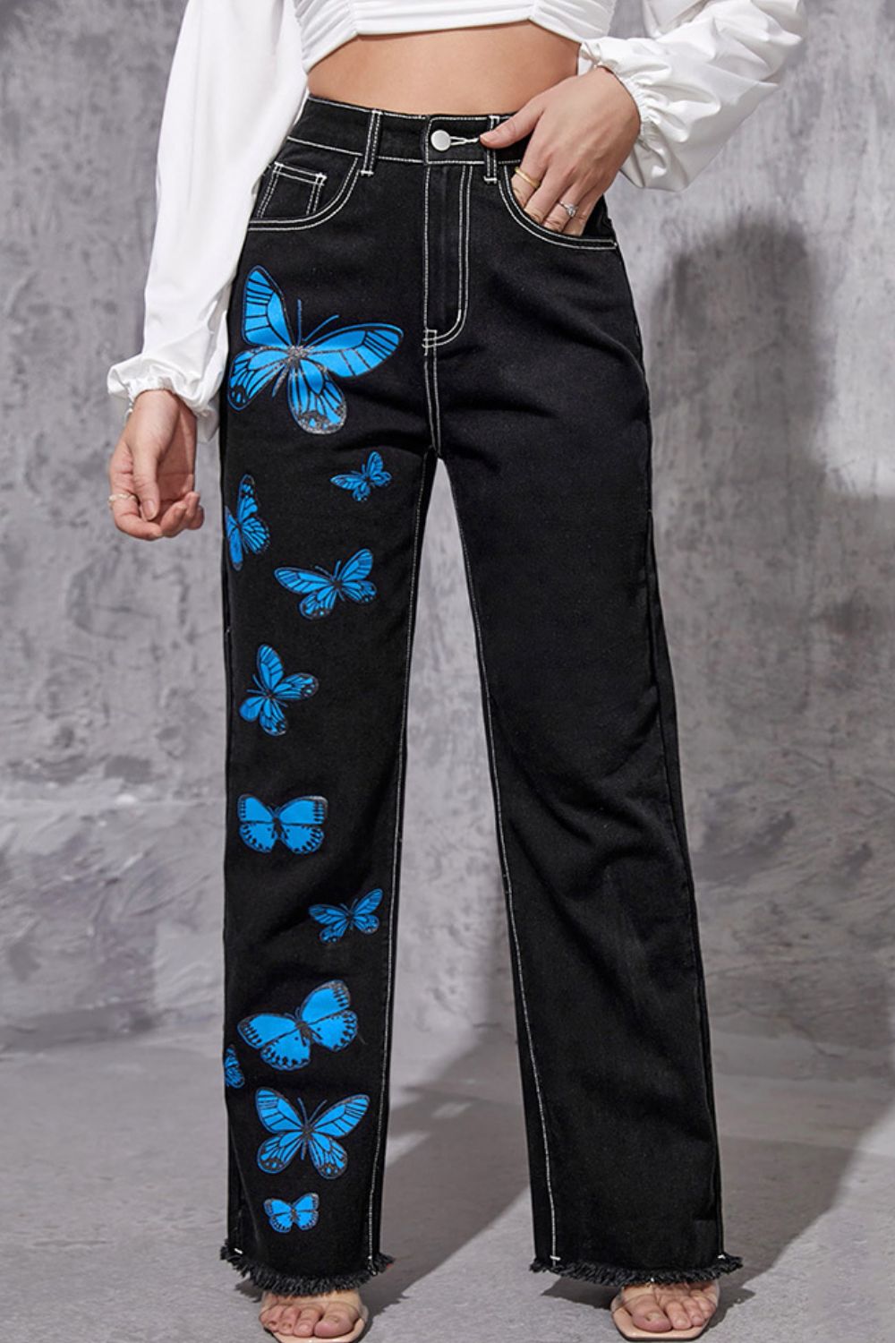 Butterfly Print Raw Hem Straight Leg Jeans