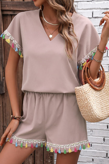 V-Neck Tassel Decor Top and Shorts Set