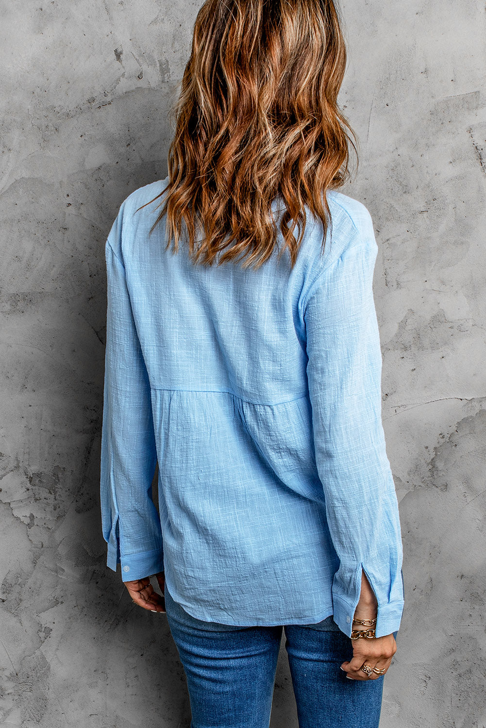 Textured Button Front Curved Hem Shirt