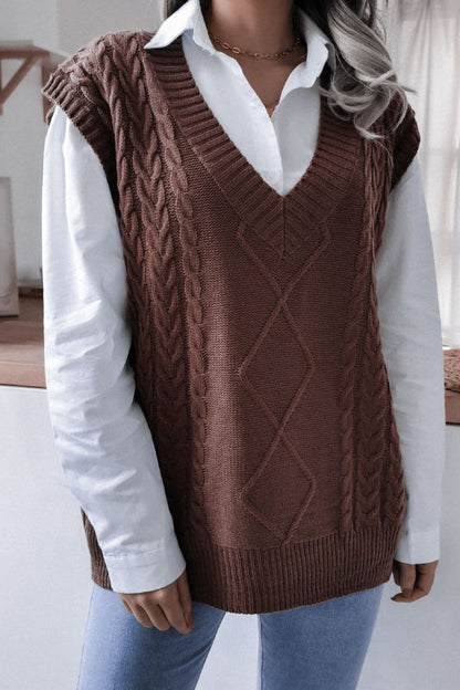 Cable-Knit Ribbed V-Neck Sweater Vest