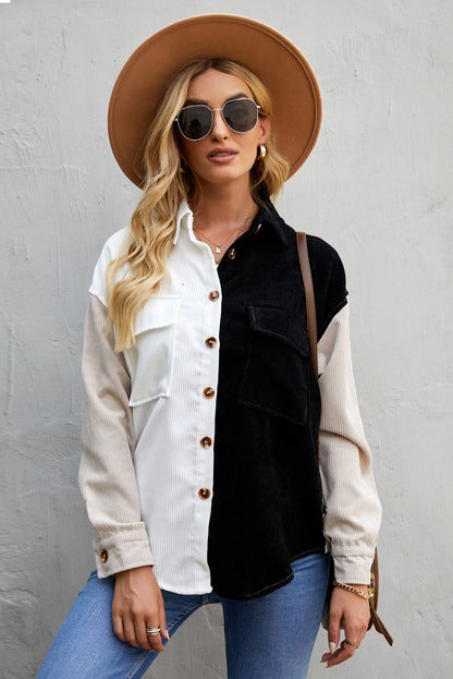 Color Block Button Front Shirt with Pockets