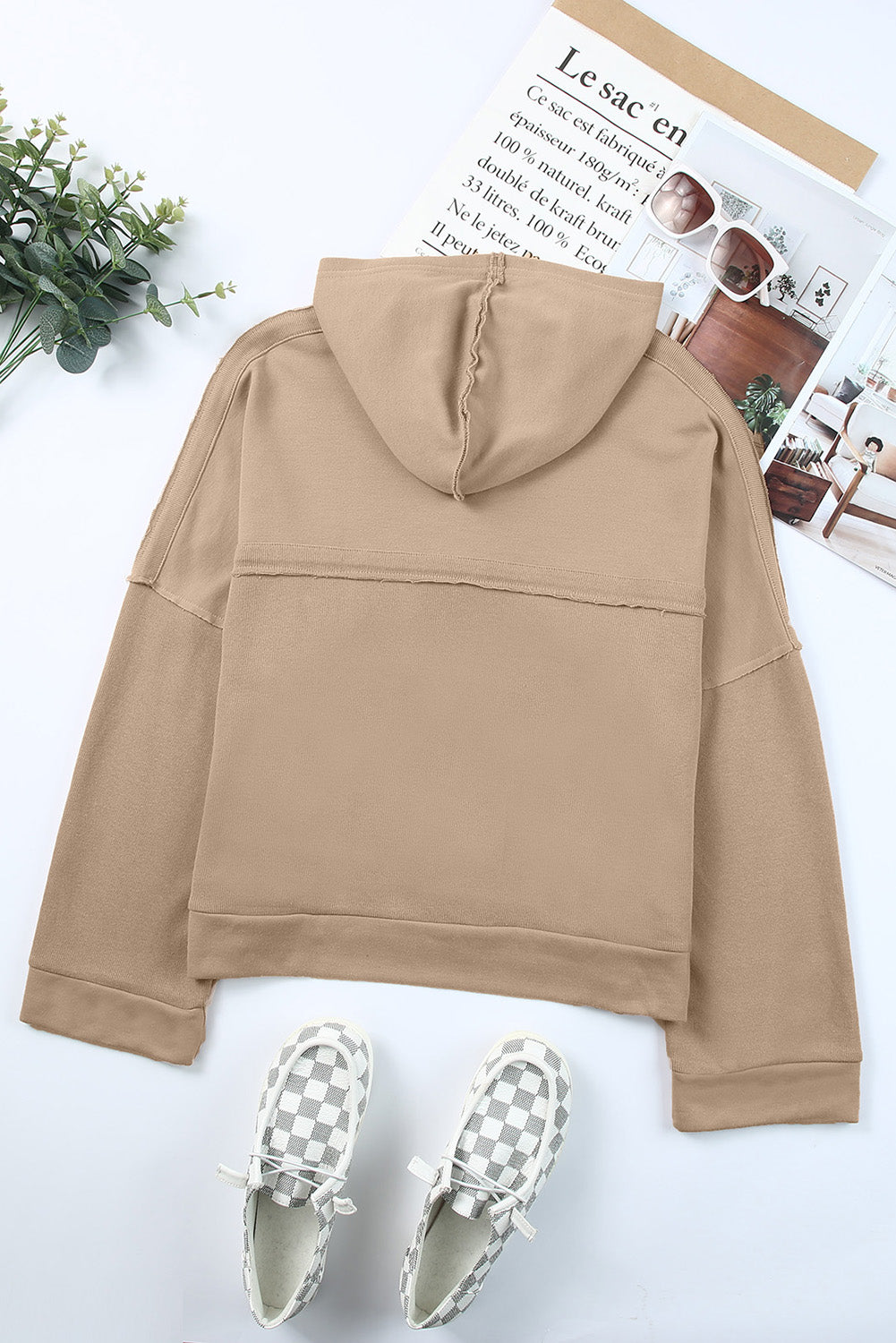 Quarter-Button Exposed Seam Dropped Shoulder Hoodie