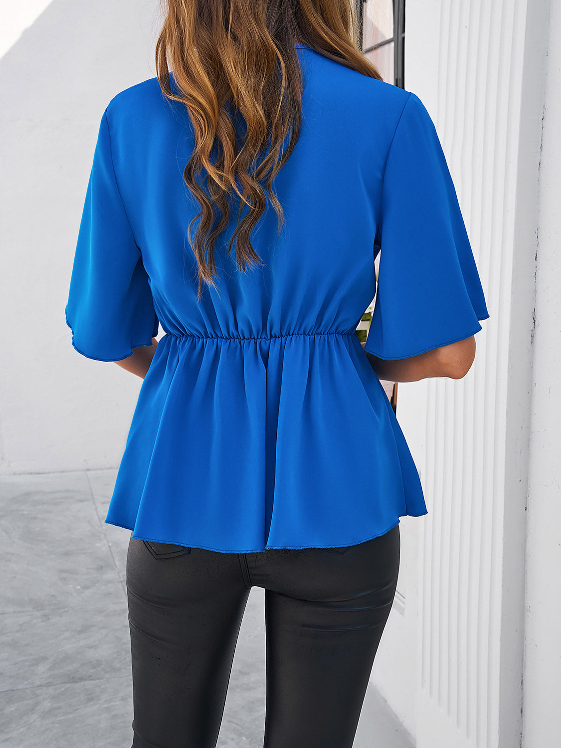 Surplice Tie Waist Half Sleeve Blouse