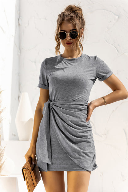 Round Neck Cuffed Sleeve Side Tie Dress